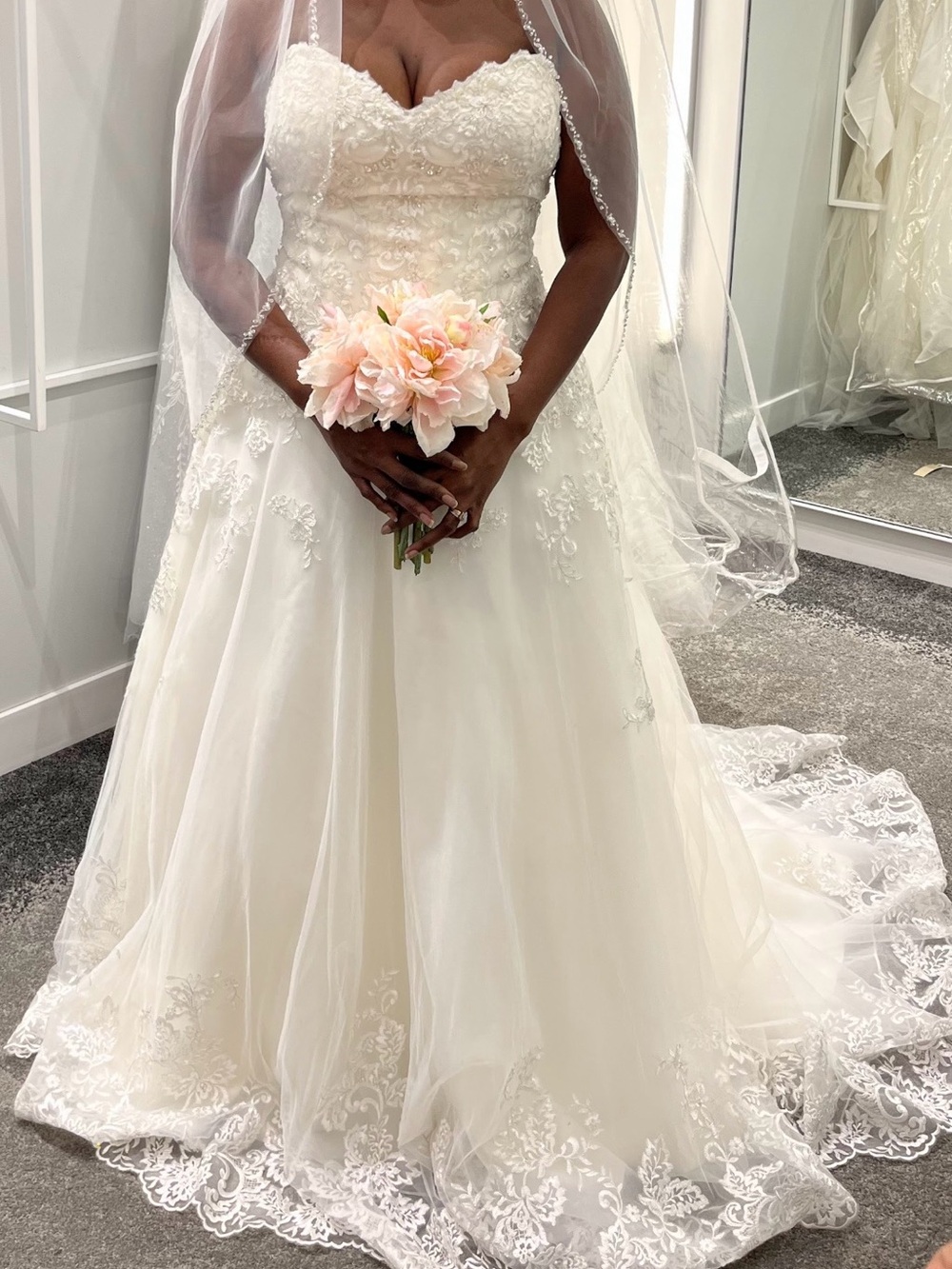 David's Bridal Ivory Lace A-Line Strapless Wedding Dress